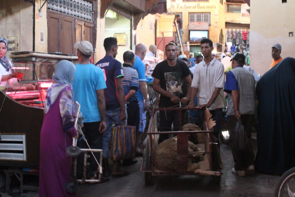 busy old city street and man hauling sheep in cart