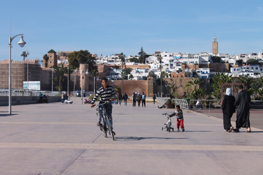 little boys with bicycles with city in the distance