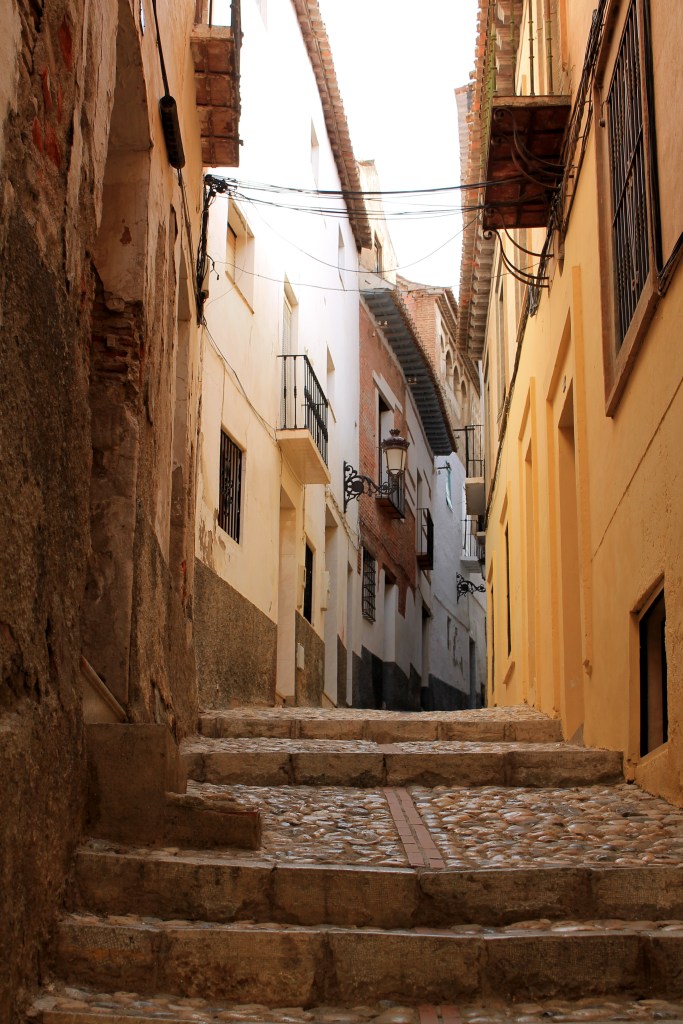narrow stone street between spanish homes