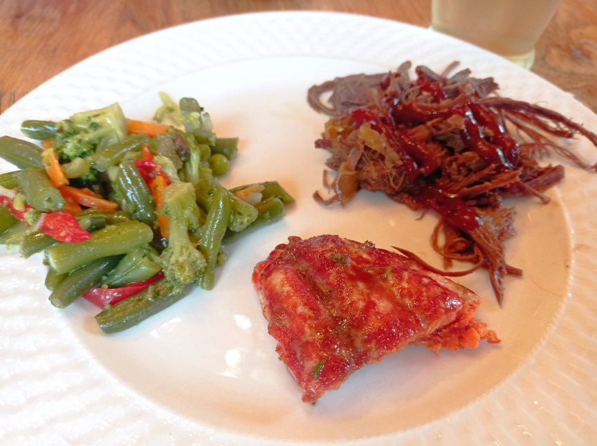 plate of greenbeans, moose, and salmon